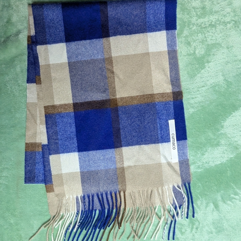 100% Cashmere Cumaco Blue Brown Checkered Scarf - Picture 3 of 5